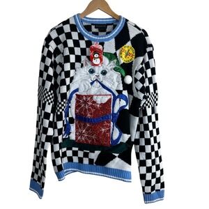 Blizzard Bay Women's Sweater Black Check Holiday Cat Embroidered Fleece Size L